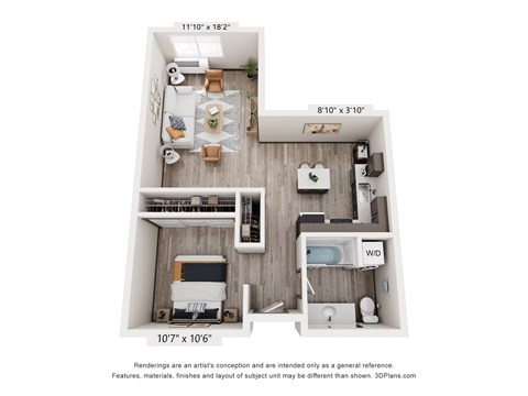 Floor plan for studio, 1 bath, 634 sqft